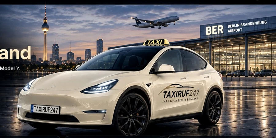 Tesla Model Y Taxi in Hellelfenbein